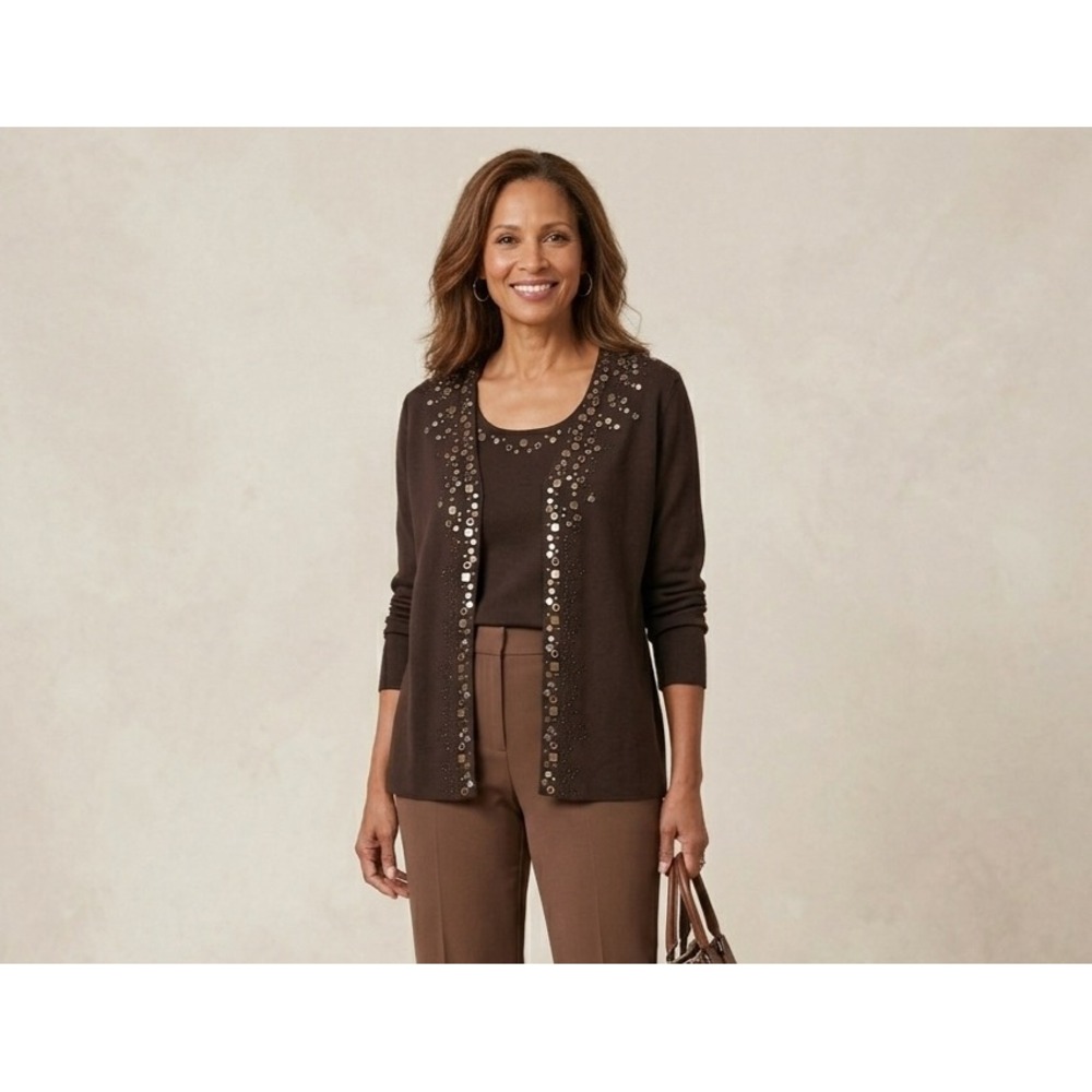 Chico's Sweater top Set Women Size 3 Brown Embellished Cardigan Tank